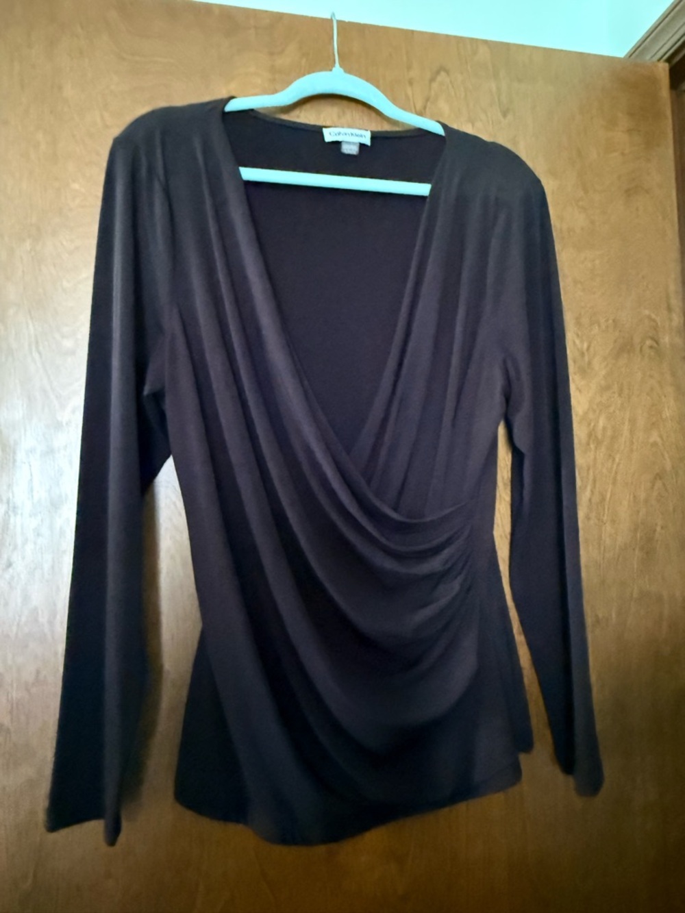 Calvin Klein Women's Black Draped V-Neck Long Sleeve Top